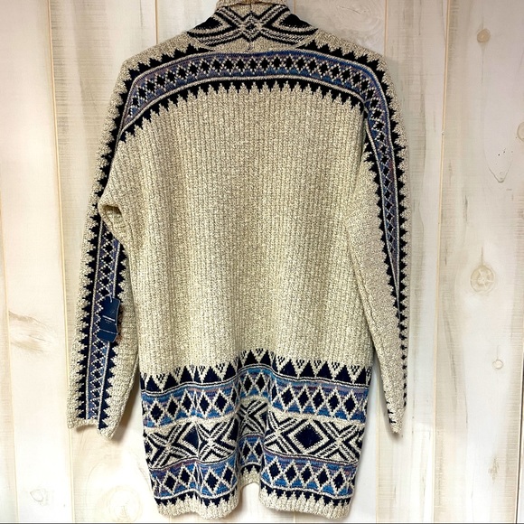 NWT Lucky Brand Tribal Aztec Tan Navy Open Longline Cardigan Sz S/P Sweater - Picture 3 of 7
